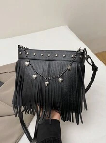 Nueva bolsa bandolera retro con remaches para mujer, bolso de hombro versátil para viajes, citas o el trabajo, con borlas y cadena con forma de corazón - Negro - Ver 3