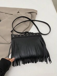 Nueva bolsa bandolera retro con remaches para mujer, bolso de hombro versátil para viajes, citas o el trabajo, con borlas y cadena con forma de corazón - Negro - Ver 4