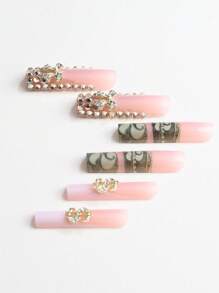 Hot Girls Must Have 24Pcs New Super Long Nail Pieces Coffin Shape Embellished White French Style Full Hand Inlaid With Rhinestones With 3D Three-Dimensional Accessories With Pink Gift Box Suitable For Gift Giving And Dance Party Wear 1 Nail Rub + 1 Piece Of Jelly Glue Press On Nails Nail Supplies Nails - Pink - View 4
