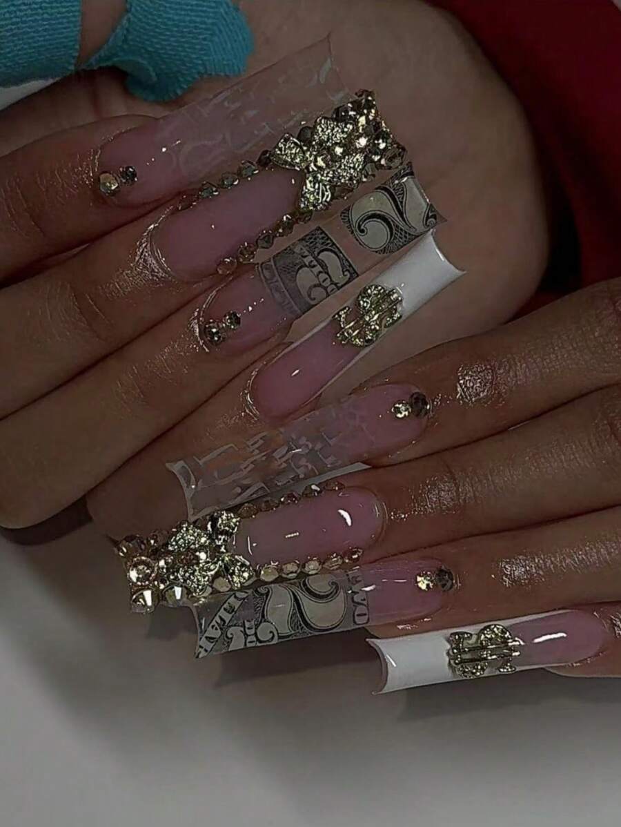 Hot Girls Must Have 24Pcs New Super Long Nail Pieces Coffin Shape Embellished White French Style Full Hand Inlaid With Rhinestones With 3D Three-Dimensional Accessories With Pink Gift Box Suitable For Gift Giving And Dance Party Wear 1 Nail Rub + 1 Piece Of Jelly Glue Press On Nails Nail Supplies Nails - Pink - View 1