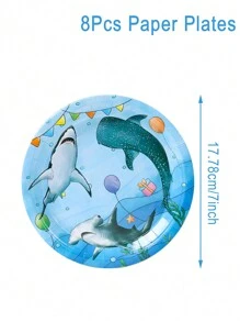 40pcs/Set Marine Shark Theme Disposable Tableware Set, Underwater World Blue Shark Party Decoration Birthday Decoration Disposable Tableware, Birthday Gift Party Favor, Summer Pool Party Disposable Food Container, Kitchen Food Tray Cake Tray Disposable Plates, Babe Shower Decor, Party Beverage Cup Water Cup