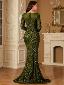 hezixi Elegant Party Sequin Embroidery Mermaid Evening Dress, Wedding Guest Dress, Formal Dress,Gown - Olive Green - View 6