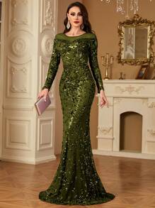 hezixi Elegant Party Sequin Embroidery Mermaid Evening Dress, Wedding Guest Dress, Formal Dress,Gown - Olive Green - View 4