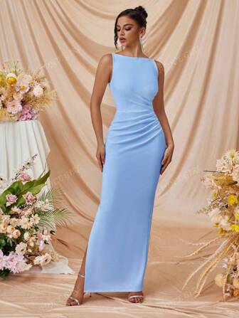 ADYCE 1pc Women Boat Neck Side Slit Fitted Party Cocktail Dress, Formal Evening Gown Elegant Summer, Graduation Dress, Wedding Guest