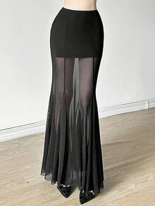 女式纯色街头时尚性感高腰修身网眼鱼尾下摆半身裙，春夏秋季