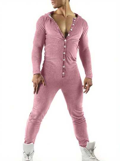 Casual Men Bodysuit, Long Sleeve Rabbit Ears Hooded Button Collar Long Trousers Openable Hip For Autumn