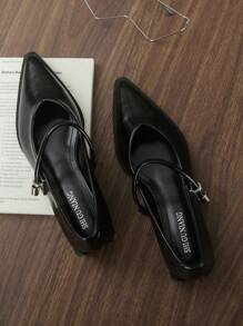 2025 春季新款尖头平底便鞋，优雅简约百搭时尚女鞋，黑色中跟低跟粗跟鞋 - 黑色 - 查看 5