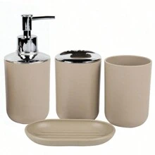 Bộ 4 món phụ kiện phòng tắm cao cấp, chất liệu nhựa và thép không gỉ, bao gồm chai sữa dưỡng thể, giá đựng bàn chải đánh răng, cốc đựng bàn chải đánh răng, khay đựng xà phòng, thích hợp làm quà tặng sinh nhật, tân gia, ngày lễ, Giáng sinh (Màu đen, trắng, xám, be) - Nhiều màu - Xem 3