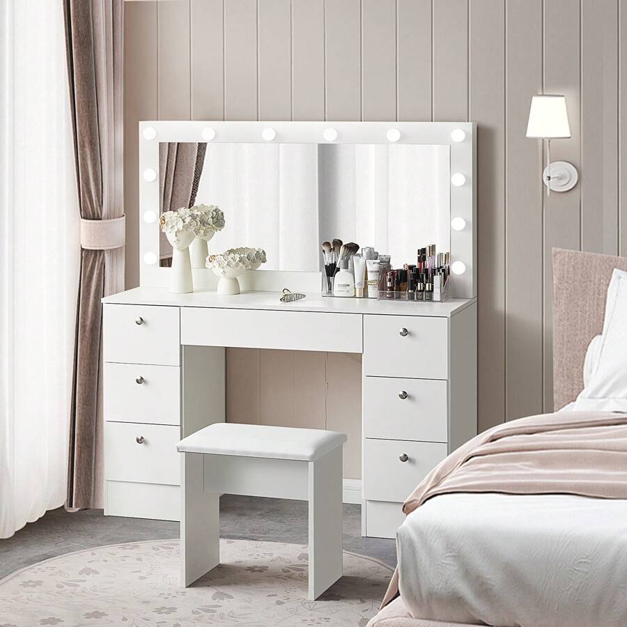 CLIPOP Schminktisch mit Beleuchtung, Spiegel und gepolstertem Hocker, 3 farblich einstellbare LED-Leuchten, 7 Schubladen, großer Schminktisch, Mädchen, Schlafzimmer Weiß  117x40x135 cm