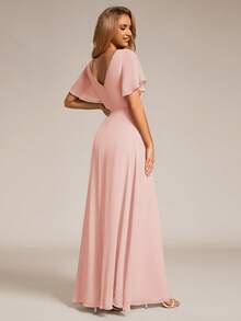 Spring Romantic Butterfly Sleeve Ruffle Hem Split Chiffon Bridesmaid Maxi Dress, Pink - Pink - View 2