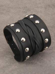 1 件男士朋克摇滚摩托车手链，不对称骑行针双扣宽皮革腕带，哥特式复古皮革手链，男士礼物 - 皮革 - 查看 18