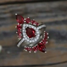 Exquisite And Elegant Tear Drops Imitating Garnet And Zirconia, Bridal Fashion Set - Pear Red - Holy Light Bridal Ring, 3 Wedding Rings, Engagement Gift, Birthday Gift, For Girlfriend