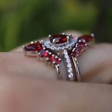 Exquisite And Elegant Tear Drops Imitating Garnet And Zirconia, Bridal Fashion Set - Pear Red - Holy Light Bridal Ring, 3 Wedding Rings, Engagement Gift, Birthday Gift, For Girlfriend