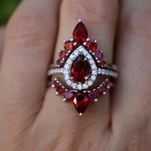 Exquisite And Elegant Tear Drops Imitating Garnet And Zirconia, Bridal Fashion Set - Pear Red - Holy Light Bridal Ring, 3 Wedding Rings, Engagement Gift, Birthday Gift, For Girlfriend
