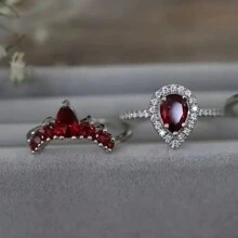 Exquisite And Elegant Tear Drops Imitating Garnet And Zirconia, Bridal Fashion Set - Pear Red - Holy Light Bridal Ring, 3 Wedding Rings, Engagement Gift, Birthday Gift, For Girlfriend