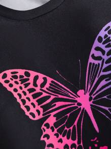 2pcs/Set Toddler Girls' Casual Street Style Colorful Glow-In-The-Dark Butterfly Print Round Neck Short Sleeve T-Shirt And Flare Pants Set, Suitable For Spring/Summer/Autumn Outdoor, Back To School, Commute, Social Occasions - Black - View 4