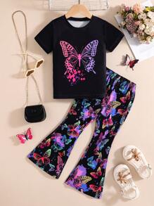 2pcs/Set Toddler Girls' Casual Street Style Colorful Glow-In-The-Dark Butterfly Print Round Neck Short Sleeve T-Shirt And Flare Pants Set, Suitable For Spring/Summer/Autumn Outdoor, Back To School, Commute, Social Occasions - Black - View 2