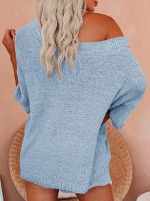 Saodimallsu Women's 2 Piece Outfits Sweater Sets Off Shoulder Knit Top Shorts Matching Suits Cute Pajama Lounge Set - 藍色 - 查看 5