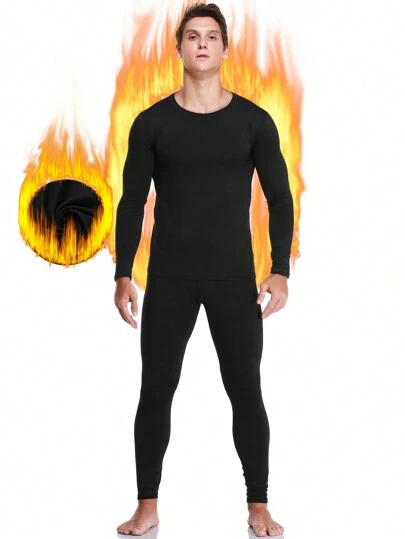 Men's Black Fleece Crew Neck Thermal Underwear Set Winter Pajama Set For Cold Weather Outdoor Cold Insulation Warm Base Indoor Comfortable Pajamas Autumn And Winter Gifts
