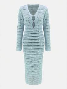V-Neck Hollow Out Solid Color Long Sleeve Maxi Knit Dress - Blue - View 2