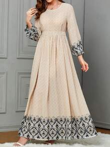 女士数码印花连衣裙，休闲装，阿拉伯长袍，优雅 - 杏色 - 查看 1