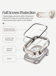 1pc Shiny Golden Crystal Rhinestone Decorative Ultra-Thin Tempered Glass Watch Case Cover, Compatible With Apple Watch 38/40/41/42/44/45/46/49mm, Compatible With Apple Watch Ultra/SE/11/10/9/8/7/6/5/4/3/2/1 Series, Smart Watch Case Accessory