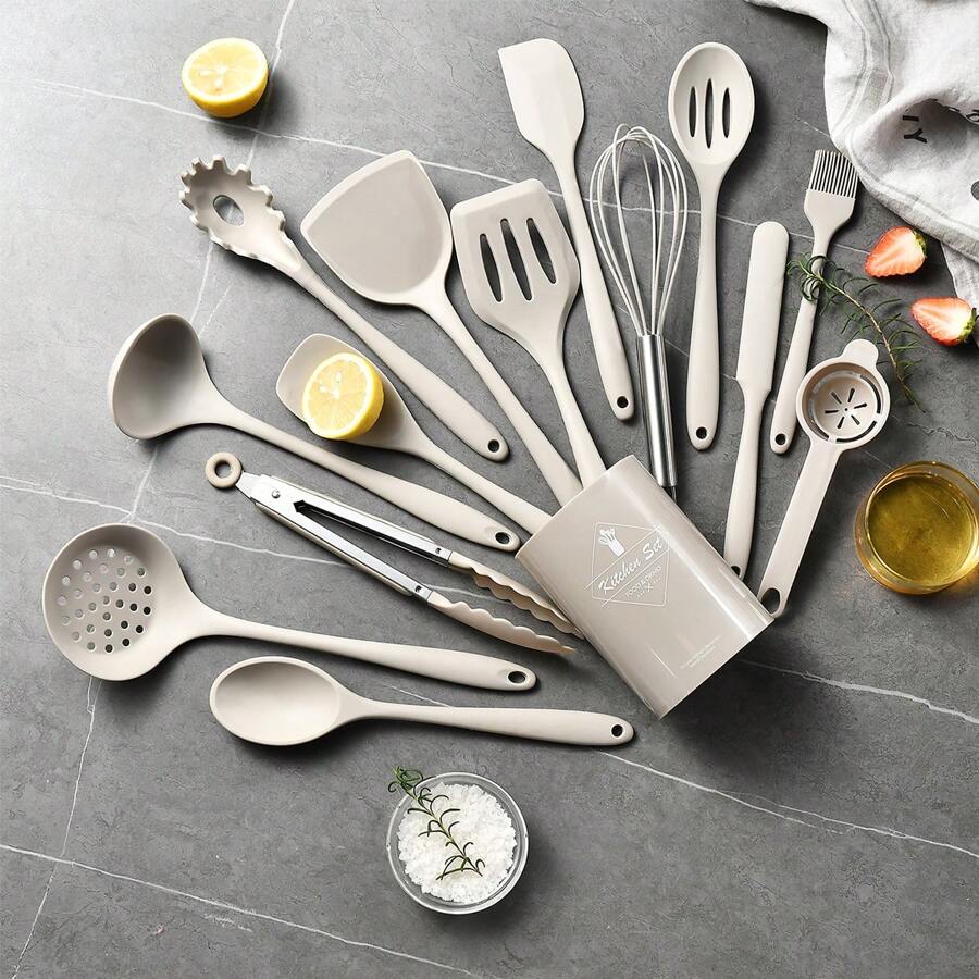 Keidason Conjunto de 15 piezas de utensilios de cocina de silicona - Utensilios de cocina resistentes al calor de hasta 230°C, espátula, pinzas, cuchara, brocha, batidor, conjunto de utensilios de cocina y accesorios para ollas antiadherentes, aptos para lavavajillas