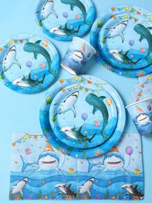 40pcs/Set Marine Shark Theme Disposable Tableware Set, Underwater World Blue Shark Party Decoration Birthday Decoration Disposable Tableware, Birthday Gift Party Favor, Summer Pool Party Disposable Food Container, Kitchen Food Tray Cake Tray Disposable Plates, Babe Shower Decor, Party Beverage Cup Water Cup