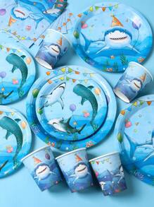 40pcs/Set Marine Shark Theme Disposable Tableware Set, Underwater World Blue Shark Party Decoration Birthday Decoration Disposable Tableware, Birthday Gift Party Favor, Summer Pool Party Disposable Food Container, Kitchen Food Tray Cake Tray Disposable Plates, Babe Shower Decor, Party Beverage Cup Water Cup