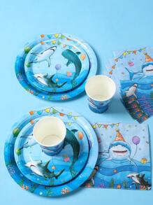 40pcs/Set Marine Shark Theme Disposable Tableware Set, Underwater World Blue Shark Party Decoration Birthday Decoration Disposable Tableware, Birthday Gift Party Favor, Summer Pool Party Disposable Food Container, Kitchen Food Tray Cake Tray Disposable Plates, Babe Shower Decor, Party Beverage Cup Water Cup