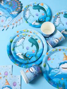 40pcs/Set Marine Shark Theme Disposable Tableware Set, Underwater World Blue Shark Party Decoration Birthday Decoration Disposable Tableware, Birthday Gift Party Favor, Summer Pool Party Disposable Food Container, Kitchen Food Tray Cake Tray Disposable Plates, Babe Shower Decor, Party Beverage Cup Water Cup
