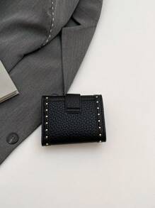 女士黑色 PU 皮革复古铆钉短款钱包，多卡位，时尚便携，适合办公室女士、旅行、生日礼物，三折零钱包 - 黑色 - 查看 5