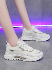 Women's Mesh Thick Bottom Chunky Sneakers, Casual White Shoes, Versatile Sports Running Shoes With Breathable Mesh, Non-Slip Rubber Outsole, Fashion Slim Fit Style, Suggest Ordering One Size Up