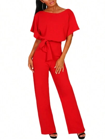 Jumpsuit For Women Short Sleeve Playsuit Clubwear Straight Leg Jumpsuit With Belt Streetwear