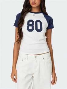 Women Y2K Jersey Baby Tees Tops Number Print Short Raglan Sleeve Crewneck T Shirts Crop Tops Summer Slim Fit Shirt Going Out Tops Streetwear - 藍色 - 查看 7