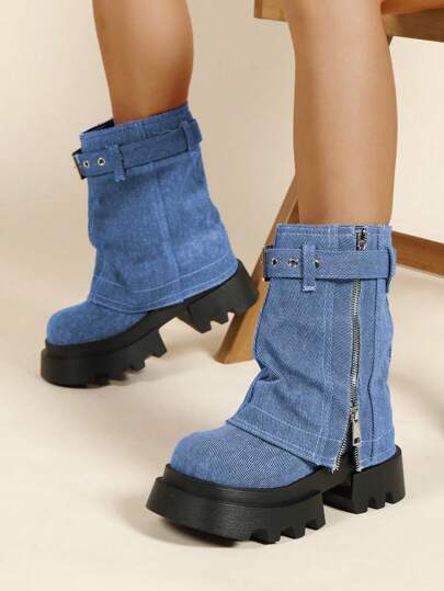 2024 新款女士厚底靴带腰带扣二合一腿靴