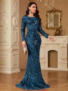 hezixi Vestido largo de mujer de manga larga con decoración de rhinestones, elegante y estilizado, vestido de noche, vestido de fiesta, vestido de invitada de boda, vestido formal, vestido de gala
