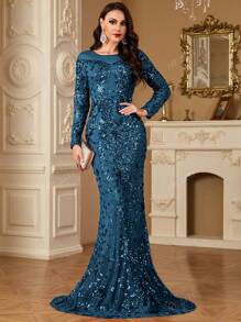 hezixi Vestido largo de mujer de manga larga con decoración de rhinestones, elegante y estilizado, vestido de noche, vestido de fiesta, vestido de invitada de boda, vestido formal, vestido de gala