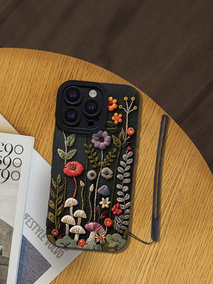 1pc Faux Embroidery Floral Pattern Printed Black Hawk Eye Phone Case + Black Silicone Lanyard, Compatible With IPhone 16 Pro Max/16 Plus/16 Pro/16e And Other Models