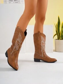 Women's Fashion Embroidered Leather Western Cowboy Boots, Maillard Brown Cool Stylish Boots With Low Chunky Heel, High Shaft Fashionable Punk Rock Chelsea Boot
