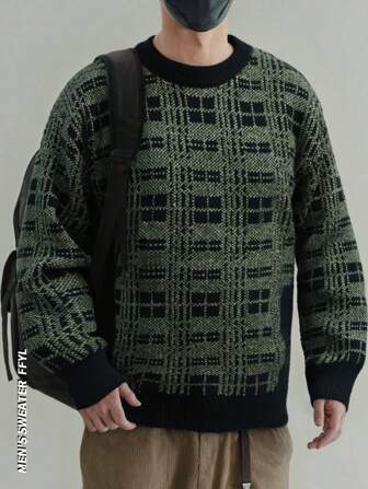 男士格子拼接加厚针织毛衣，秋冬季休闲保暖套头衫