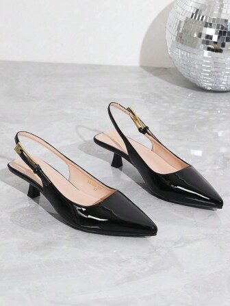 Women's Block Heel Pointed Toe Slip-On Shoes, Black & White Mixed Materials, Snake Skin Pattern