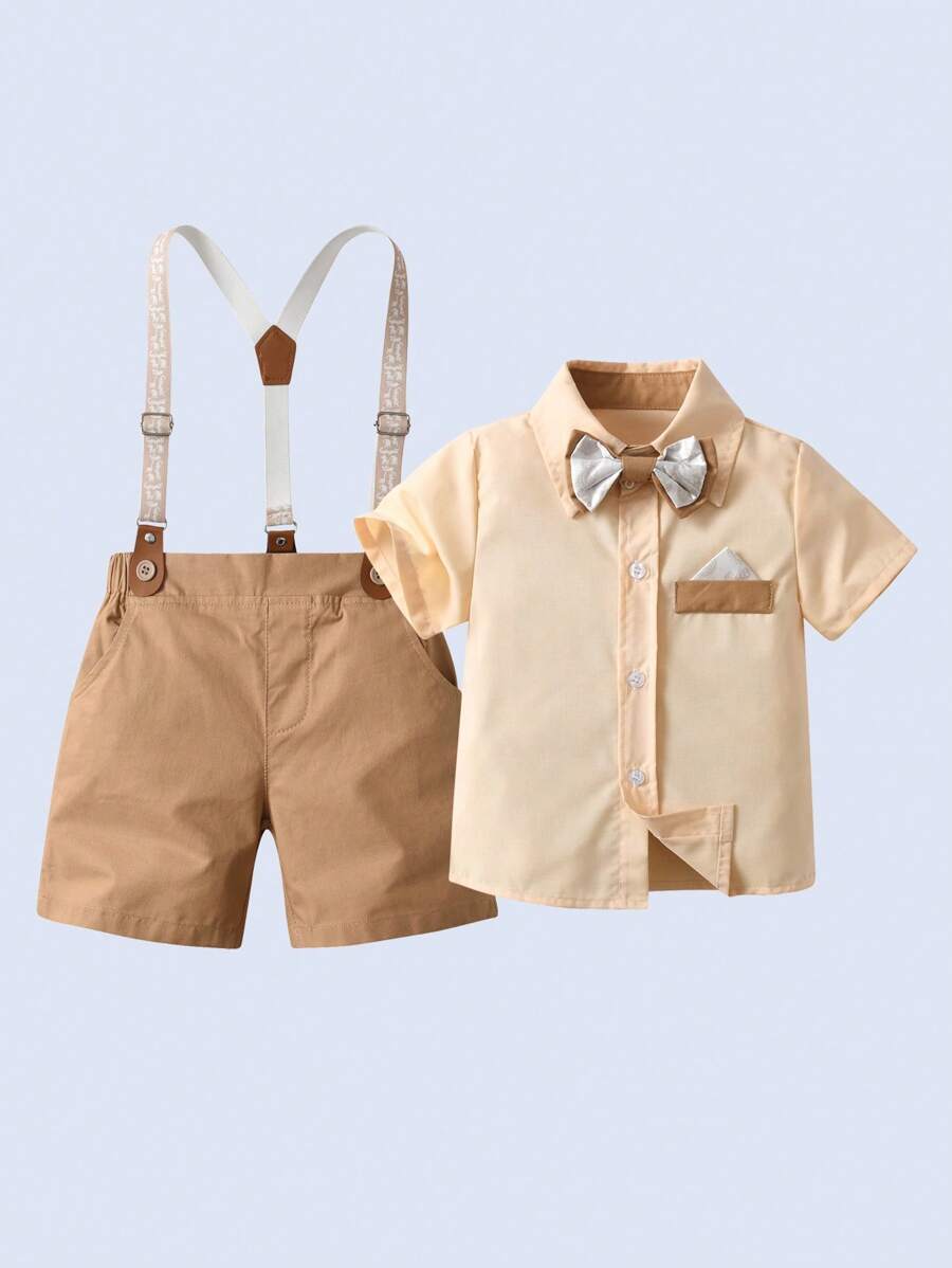 BOARNSEORL Baby Boys Gentleman Style Short Sleeve Shirt With Bow Tie And Suspender Shorts Set, Fashionable And Stylish For Birthday Party, Wedding, Anniversary, 1st Birthday Party