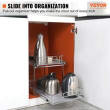 Tier 14"W X 21"D Pull Out Cabinet Organizer, Heavy Duty Slide Out Pantry Shelves, Chrome-Plated Steel Roll Out Drawers, Sliding Drawer Storage For Inside Kitchen Cabinet, Bathroom, Under Sink, Kitchen Storage Rack For Pots, Pans & Lids - Durable Organizer With Adjustable Dividers, Ideal For Cabinet Organization, Includes Space For Cutting Boards & Grilling Accessories, Utensil Organization, Adaptable Shelf, Versatile Organizer, Kitchen Organizers And Storage