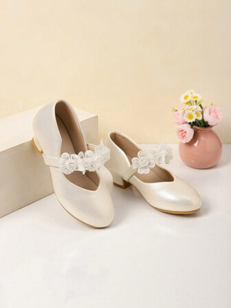 Zantong 儿童高跟鞋，白色蕾丝女童鞋，女童正装鞋闪光公主鞋花朵玛丽珍低跟鞋派对婚礼舞会鞋（儿童/青少年）