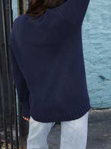 Women's Long Sweaters Flag Patterned Long Sleeve Round Neck Ribbed Loose Knitted Tops - Navy Blue - View 4