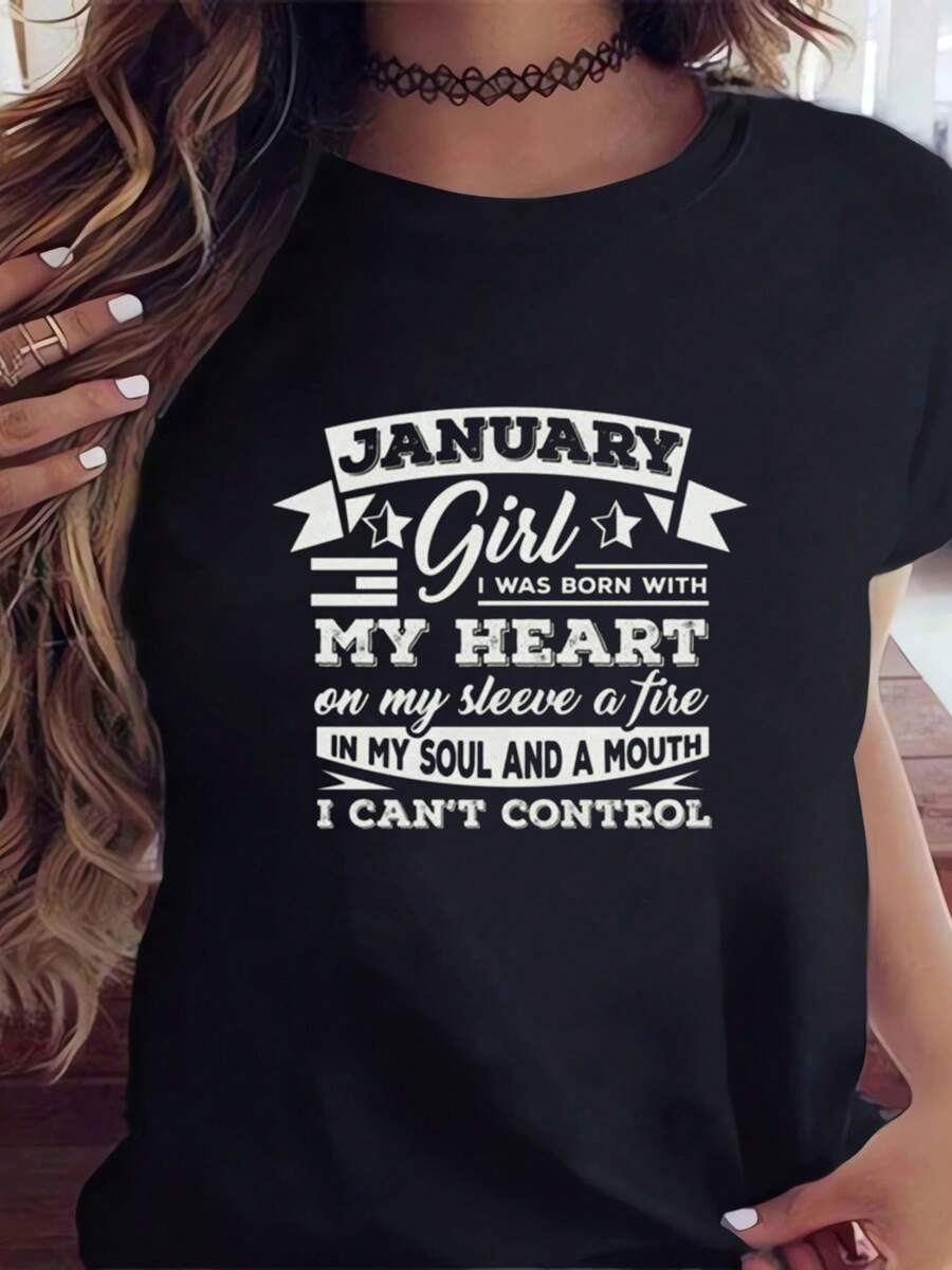 January Birthday Shirt Capricorn Aquarius Zodiac Women'S T-Shirts Breathable Soft Casual Short Sleeves Daily Wear Suitable For All Seasons Women'S Wear - màu đen - Xem 1