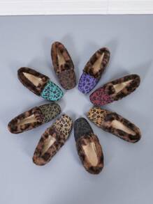 Women Flat Leopard Print Square Toe Slip-On Shoes, Warm Furry Indoor/Outdoor Casual Anti-Slip Shoes For Winter