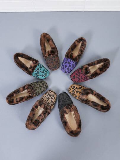 Sapatos femininos sem cadarço com estampa de leopardo e bico quadrado, calçados quentes, peludos, antiderrapantes, casuais, para ambientes internos/externos, para o inverno