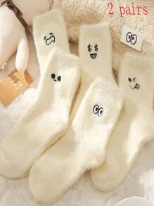 3 Paar weiße Socken für Frauen, warme Plüsch-Thermosocken mit süßen bestickten, witzigen Ausdrücken, zufälliger Stil, Herbst/Winter